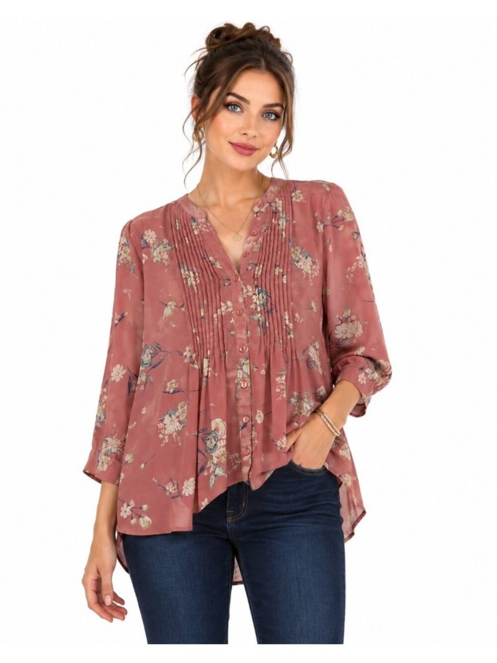 American Rag Pink Floral Pintuck Blouse Women's Size L Boho Peasant Top